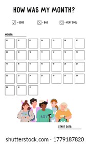 Vector mood tracker for the month with flat illustration modern children in trendy clothes with backpacks, electro scooter and container for food. Mood tracker to monitor child's mental health.  