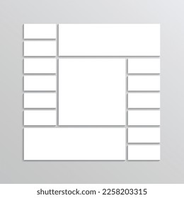 Vector moodboard template. Retro photoframe. Mosaic picture square frame. Scrapbook grid. Portfolio images mockup. Album brandboard. Photo collage layout. Mood board background.