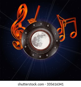 Vector moon in the acoustic dynamics in space against the stars with music notes. Superimposed on a black background of any size. It can be used as a poster, advertising or separately.