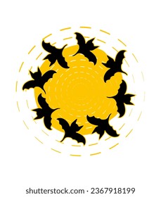 Luna vectorial y murciélagos en círculo. Icono de doodle de elemento Halloween. Los animales nocturnos vuelan alrededor de la luna. Feliz día de Halloween espeluznante Ilustración de Arte. Persona de terror. Elementos para tarjetas, portada, pegatina.