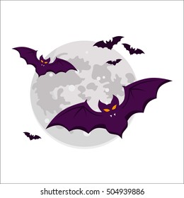 Vector moon and bats isolated on white.