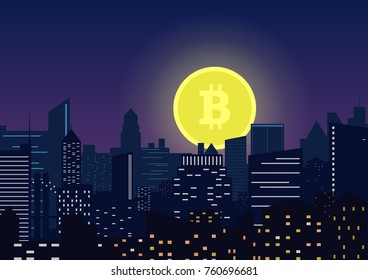Símbolo bitcoin Lua Vetor nascendo da cidade noite moderna.