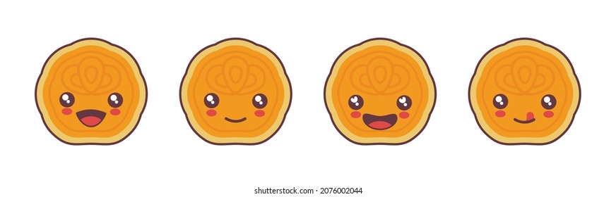 Vector moon cake cartoon mascot, with different facial expressions. suitable for icons, logos, menus, prints, labels, stickers, etc.