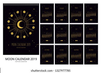 Vector moon calendar 2019. Zodiac signs. Northern hemisphere. Hand drawn design. Gold on black background.