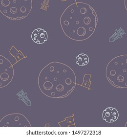 Vector Moon Conquest with Landing Rockets on Navy Blue seamless pattern background.