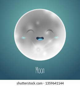 Vector moon. Cute funny smiling cartoon character and night sky with stars. Creative planet illustration