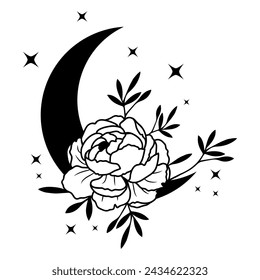 Vector moon flower peony composition with stars