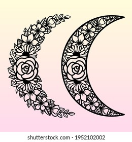 Luna vectorial con flores. Ilustración decorativa al estilo boho. Símbolo étnico hecho a mano. Para cortar papel y láser, imprimir en camisetas, tazas. Elemento místico negro floral para tu diseño.