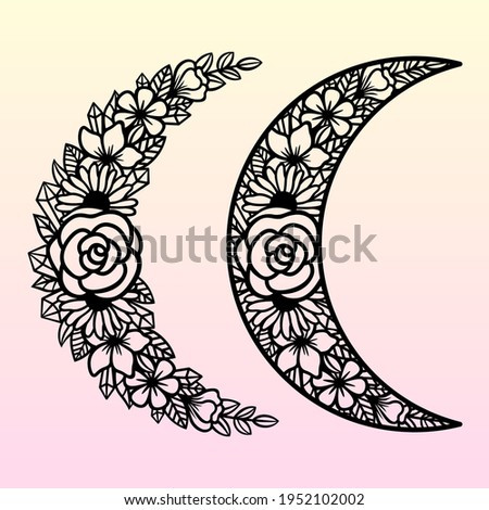 Vector moon with flowers. Decorative illustration in boho style. Hand-drawn ethnic symbol. For paper and laser cutting, printing on T-shirts, mugs. Floral black mystical element for your design.