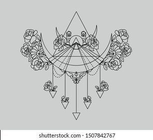 Vector Moon with flowers and triangles on gray black background. Abstract love feminine signs. Drawn in lines. For you design.