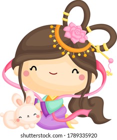 A Vector of Moon Goddess Plays with Cute Rabbit Happily
