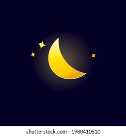 Vector moon icon illustration. Half moon with small stars on a dark background. 