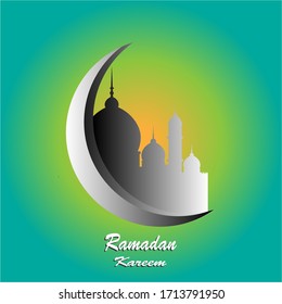 Vector Moon and Mosque Lightning in Dark Background with Ramadan Kareem Greetings. Silhouette Vector Illustration