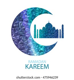 Vector Moon and Mosque Lightning Triangle Background  with Ramadan Kareem Greetings. Silhouette  Vector Illustration