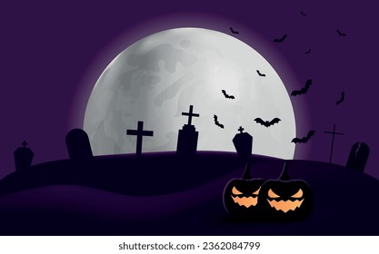 vector with moon over cemetery. gravestones illuminated by moon and pumpkins
