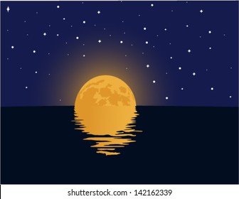 Vector moon over cold night sea with reflection and stars