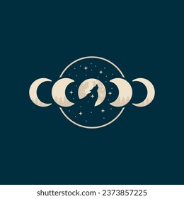Vector moon phase illustration. Abstract modern design with crescent moon and stars. Celestial mystic concept with grunge texture isolated on white background. Aesthetic boho gorizontal poster.