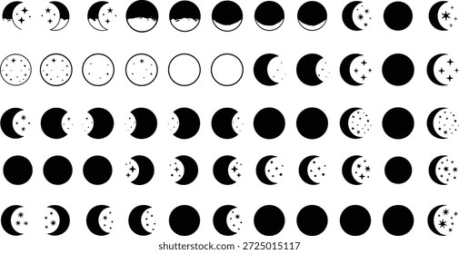 Vector, moon, phases, icons, lunar, cycle, astrology, astronomy, night, sky, space, stars, celestial, nature, black, silhouette, crescent, eclipse, orb