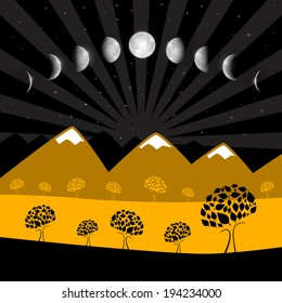 Vector Moon Phases - Night Landscape with Trees
