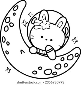 a vector of a moon with a rabbit in black and white coloring