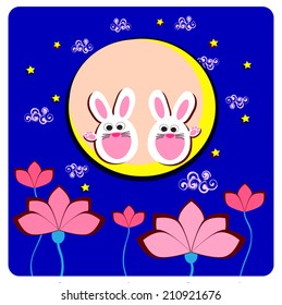 Vector Moon Rabbits and Lotuses Flowers for Moon Festival. Mid Autumn Festival in China. Chuseok. Two cute white rabbits sitting on a full moon. Blue sky background. Cartoon illustration. 
