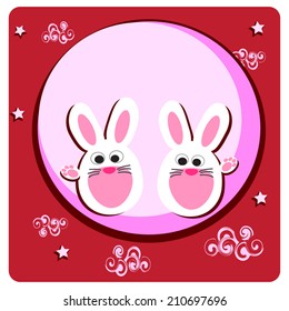 Vector Moon Rabbits of Mid Autumn Festival. Mid Autumn Festival in China. Chuseok. Two cute white rabbits sitting on a full moon. Stars and clouds. Red background. Cartoon illustration.