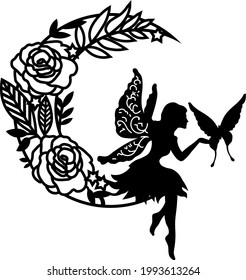 Vector Moon Roses Fairy Butterfly Silhouette