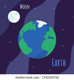 Vector moon satellite and planet earth in space. Dark blue Cosmic background with bright yellow stars. Cartoon vector illustration