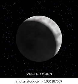 Vector moon with shadow on cosmic background with stars. Crescent.