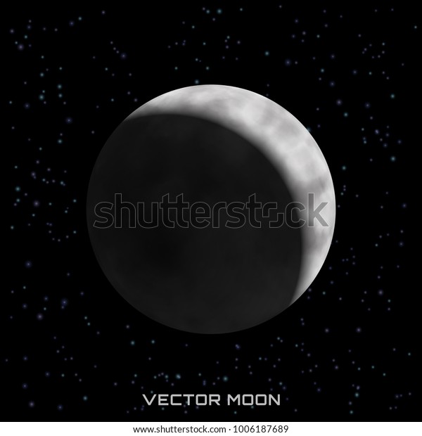 Vector moon with shadow on cosmic background\
with stars. Crescent.