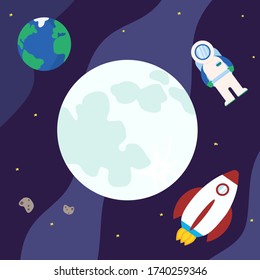 Vector moon in space and rocket, planet earth and astronaut are flying around. Dark blue Cosmic background with bright yellow stars. Cartoon vector illustration