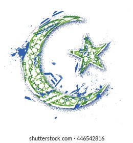 Vector Moon and Star islamic symbols, hand drawn with dotwork tattoo technique and grunge style. Green and blue colors.