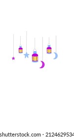 Vector moon star lantern islamic border for ramadan, idul fitri, idul adha, purple-blue lantern with yellow-orange moons and starts