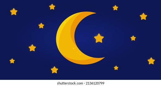 Luna vectorial y estrellas. Cielo azul, estrellas y luna.