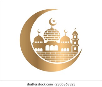 Vector moon whith mosque silhoutte, islamic background template, ramadan eid template