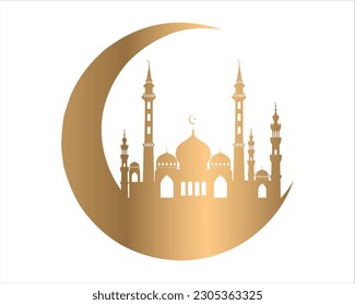 Vector moon whith mosque silhoutte, islamic background template, ramadan eid template