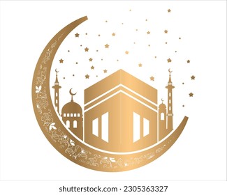 Vector moon whith mosque silhoutte, islamic background template, ramadan eid template