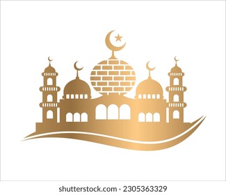 Vector moon whith mosque silhoutte, islamic background template, ramadan eid template