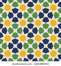 Vector Moorish mosaic tile design series in traditional Islamic style, non-AI generated. Human-made retro ornamental symmetrical element in Arabian culture.
