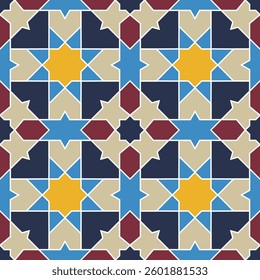 Vector Moorish mosaic tile design series in traditional Islamic style, non-AI generated. Human-made retro ornamental symmetrical element in Arabian culture.