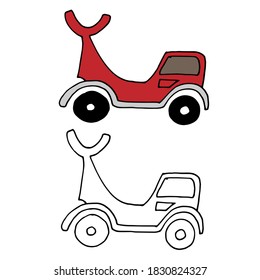 Vector moped in maroon color, next to the black outline of this image. Coloring book for children.