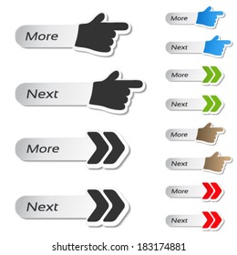 Vector more, next buttons - black and color hands and arrows icons