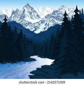 vector morning in beautiful Alps mountains with river