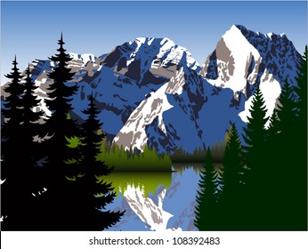vector morning in beautiful mountains lake