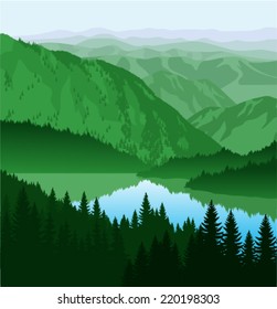 vector morning in beautiful mountains lake