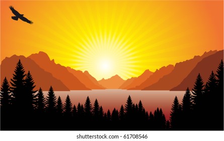 vector morning in beautiful mountains lake