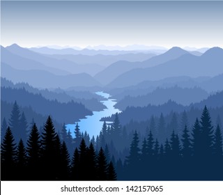 vector morning in beautiful mountains with river