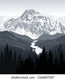 vector morning in beautiful mountains with river	
