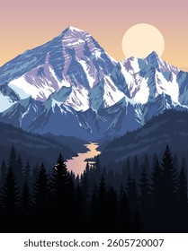 vector morning in beautiful mountains with river