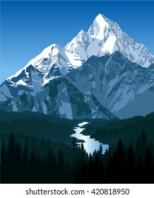 vector morning in beautiful mountains with river